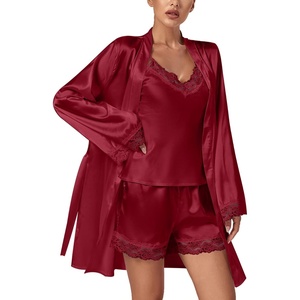 image:imageLYANER Womens 3pcs Sleepwear Silk Satin V Neck Lace Trim Cami Top and Shorts Pajama Set with RobeWine Red
