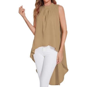 image:imageLYANER Womens Asymmetrical High Low Sleeveless Mock Neck Flowy Blouse TopsKhaki
