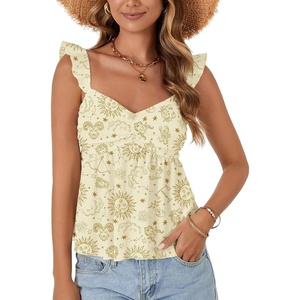 image:imageLYANER Womens Babydoll Tank Top Summer Camisole Dressy Casual Ruffle Strap Sleeveless Flowy Hem Peplum TopsChampagne Print