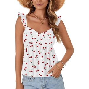 image:imageLYANER Womens Babydoll Tank Top Summer Camisole Dressy Casual Ruffle Strap Sleeveless Flowy Hem Peplum TopsFloral White Red