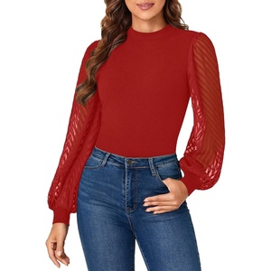 image:imageLYANER Womens Casual Mesh Sleeve Shirts Elegant Blouse Spring TopsRed