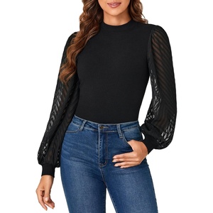 image:imageLYANER Womens Casual Mesh Sleeve Shirts Elegant Blouse Spring TopsSolid Black