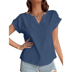 image:imageLYANER Womens Casual Notched V Neck Rolled Short Sleeve Work Blouse TShirt TopDusty Blue