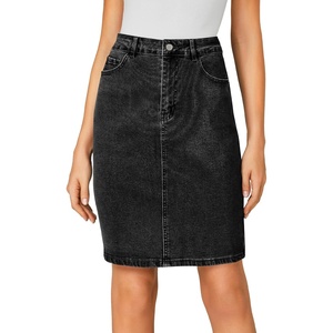image:imageLYANER Womens Casual Stretch High Waist Bodycon Denim Jean Midi Skirt with PocketsPure Black