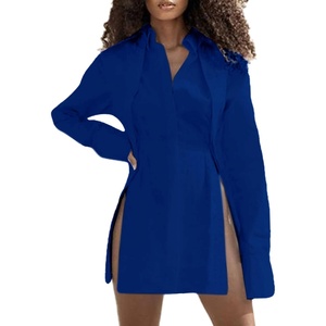 image:imageLYANER Womens Collar V Neck Blouse Long Sleeve Button Down Split Hem Long Shirt TopRoyal Blue