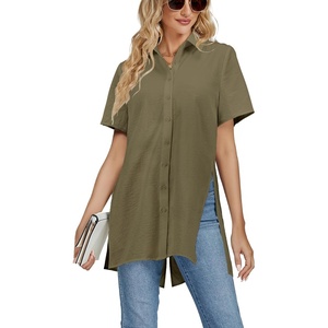 image:imageLYANER Womens Collar V Neck Split Hem Button Down Short Sleeve Long Shirt Blouse Tunic TopArmy Green