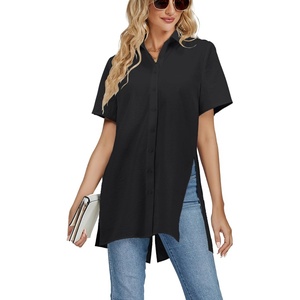image:imageLYANER Womens Collar V Neck Split Hem Button Down Short Sleeve Long Shirt Blouse Tunic TopBlack