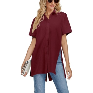 image:imageLYANER Womens Collar V Neck Split Hem Button Down Short Sleeve Long Shirt Blouse Tunic TopDeep Red