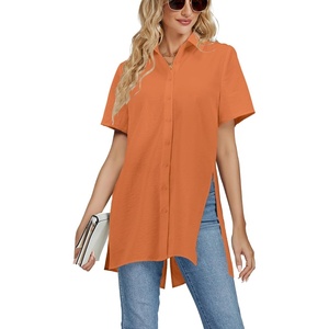 image:imageLYANER Womens Collar V Neck Split Hem Button Down Short Sleeve Long Shirt Blouse Tunic TopOrange