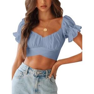 image:imageLYANER Womens Cute Ruffle Puff Short Sleeve Tie Back Crop Top Off The Shoulder Cropped BlouseAzure Blue