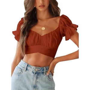 image:imageLYANER Womens Cute Ruffle Puff Short Sleeve Tie Back Crop Top Off The Shoulder Cropped BlouseCaramel