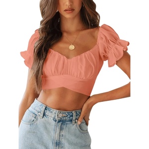image:imageLYANER Womens Cute Ruffle Puff Short Sleeve Tie Back Crop Top Off The Shoulder Cropped BlouseCoral Pink