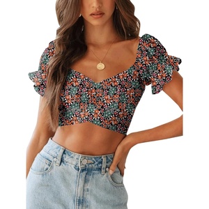 image:imageLYANER Womens Cute Ruffle Puff Short Sleeve Tie Back Crop Top Off The Shoulder Cropped BlouseFloral Multi