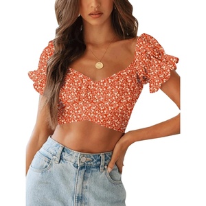 image:imageLYANER Womens Cute Ruffle Puff Short Sleeve Tie Back Crop Top Off The Shoulder Cropped BlouseFloral Orange