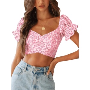 image:imageLYANER Womens Cute Ruffle Puff Short Sleeve Tie Back Crop Top Off The Shoulder Cropped BlouseFlower Pink