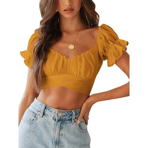 image:imageLYANER Womens Cute Ruffle Puff Short Sleeve Tie Back Crop Top Off The Shoulder Cropped BlouseGinger