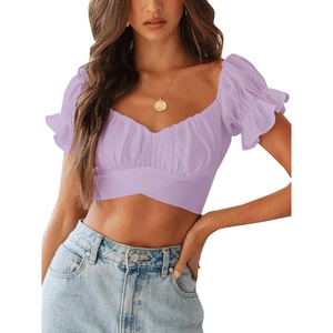 image:imageLYANER Womens Cute Ruffle Puff Short Sleeve Tie Back Crop Top Off The Shoulder Cropped BlouseLavender