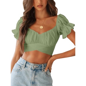 image:imageLYANER Womens Cute Ruffle Puff Short Sleeve Tie Back Crop Top Off The Shoulder Cropped BlouseLight Green
