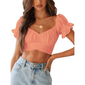 image:imageLYANER Womens Cute Ruffle Puff Short Sleeve Tie Back Crop Top Off The Shoulder Cropped BlouseOrange
