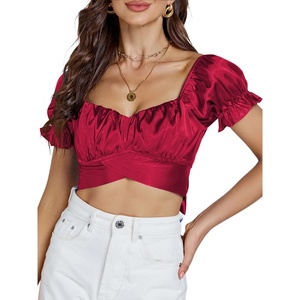 image:imageLYANER Womens Cute Ruffle Puff Short Sleeve Tie Back Crop Top Off The Shoulder Cropped BlouseSatin Burgundy