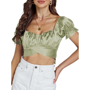 image:imageLYANER Womens Cute Ruffle Puff Short Sleeve Tie Back Crop Top Off The Shoulder Cropped BlouseSatin Light Green