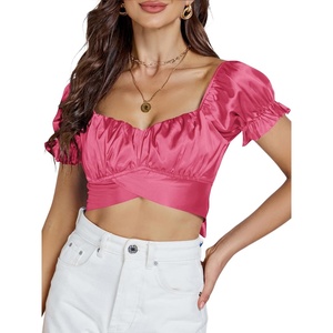 image:imageLYANER Womens Cute Ruffle Puff Short Sleeve Tie Back Crop Top Off The Shoulder Cropped BlouseSatin Rose