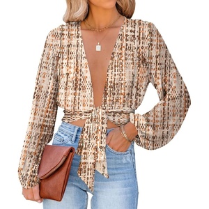 image:imageLYANER Womens Deep V Neck Long Sleeve Tie Front Knot Sexy Wrap Crop Top BlouseBeige Print