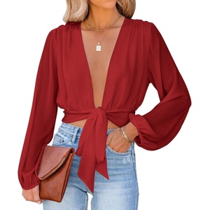 image:imageLYANER Womens Deep V Neck Long Sleeve Tie Front Knot Sexy Wrap Crop Top BlouseBurgundy