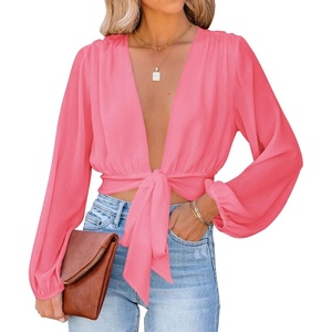 image:imageLYANER Womens Deep V Neck Long Sleeve Tie Front Knot Sexy Wrap Crop Top BlouseDark Pink