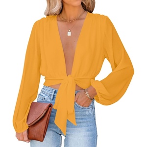 image:imageLYANER Womens Deep V Neck Long Sleeve Tie Front Knot Sexy Wrap Crop Top BlouseGinger