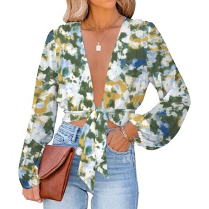 image:imageLYANER Womens Deep V Neck Long Sleeve Tie Front Knot Sexy Wrap Crop Top BlouseGreen Print