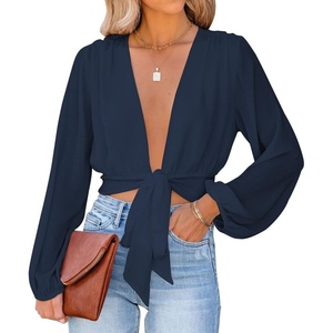 image:imageLYANER Womens Deep V Neck Long Sleeve Tie Front Knot Sexy Wrap Crop Top BlouseNavy Blue