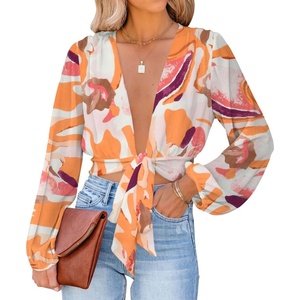 image:imageLYANER Womens Deep V Neck Long Sleeve Tie Front Knot Sexy Wrap Crop Top BlouseOrange Print