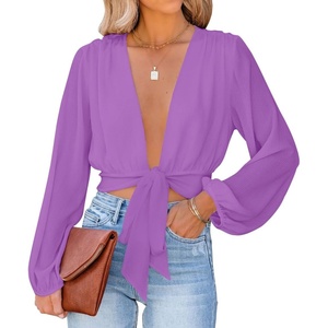 image:imageLYANER Womens Deep V Neck Long Sleeve Tie Front Knot Sexy Wrap Crop Top BlousePure Purple