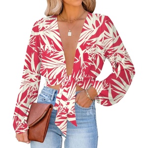 image:imageLYANER Womens Deep V Neck Long Sleeve Tie Front Knot Sexy Wrap Crop Top BlouseRose Print