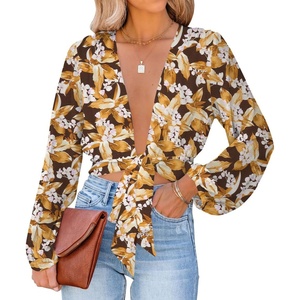 image:imageLYANER Womens Deep V Neck Long Sleeve Tie Front Knot Sexy Wrap Crop Top BlouseYellow Print