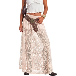 image:imageLYANER Womens Floral Lace Maxi Skirt High Waisted Flowy Sheer A Line Boho Skirts with Inner ShortsBeige