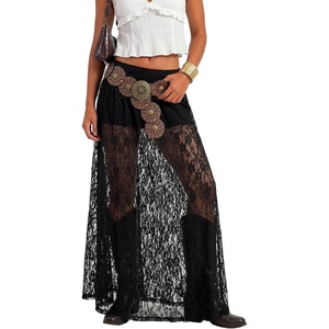 image:imageLYANER Womens Floral Lace Maxi Skirt High Waisted Flowy Sheer A Line Boho Skirts with Inner ShortsBlack