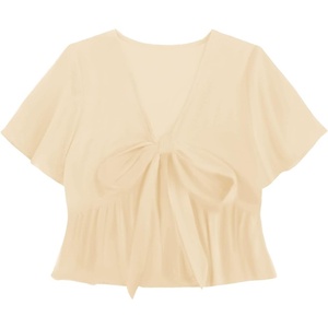 image:imageLYANER Womens Floral Print V Neck Tie Knot Ruffle Hem Short Sleeve Blouse Peplum TopBeige