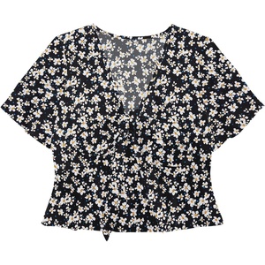 image:imageLYANER Womens Floral Print V Neck Tie Knot Ruffle Hem Short Sleeve Blouse Peplum TopBlack Printed