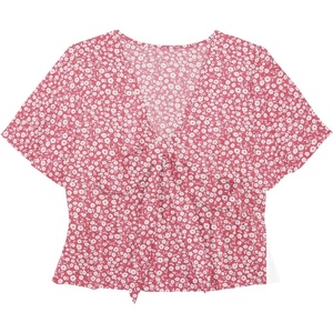 image:imageLYANER Womens Floral Print V Neck Tie Knot Ruffle Hem Short Sleeve Blouse Peplum TopDark Pink Printed