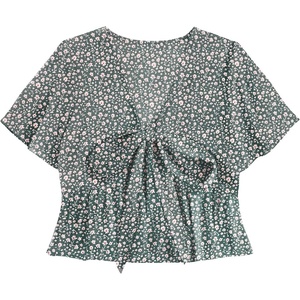 image:imageLYANER Womens Floral Print V Neck Tie Knot Ruffle Hem Short Sleeve Blouse Peplum TopDeep Green Floral