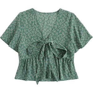image:imageLYANER Womens Floral Print V Neck Tie Knot Ruffle Hem Short Sleeve Blouse Peplum TopGreen Floral