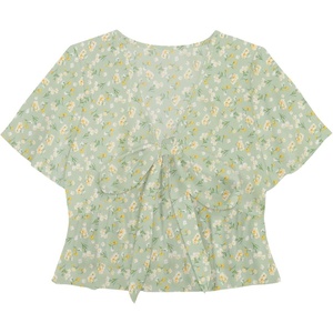 image:imageLYANER Womens Floral Print V Neck Tie Knot Ruffle Hem Short Sleeve Blouse Peplum TopGreen Printed