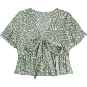 image:imageLYANER Womens Floral Print V Neck Tie Knot Ruffle Hem Short Sleeve Blouse Peplum TopLight Green Floral