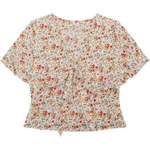 image:imageLYANER Womens Floral Print V Neck Tie Knot Ruffle Hem Short Sleeve Blouse Peplum TopPink Printed