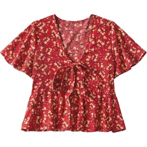 image:imageLYANER Womens Floral Print V Neck Tie Knot Ruffle Hem Short Sleeve Blouse Peplum TopRed Yellow Floral