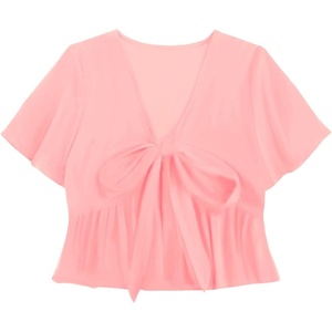 image:imageLYANER Womens Floral Print V Neck Tie Knot Ruffle Hem Short Sleeve Blouse Peplum TopSolid Pink