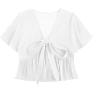 image:imageLYANER Womens Floral Print V Neck Tie Knot Ruffle Hem Short Sleeve Blouse Peplum TopWhite