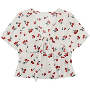 image:imageLYANER Womens Floral Print V Neck Tie Knot Ruffle Hem Short Sleeve Blouse Peplum TopWhite Printed